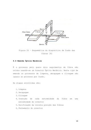 Figura 26 – Esquemática do dispositivo de fusão das
                                  fibras [8]


6.4 Emenda Óptica Mecânica


É   o   processo   pelo   quais    dois   seguimentos    de     fibra   são
unidos usando-se um Conector Óptico Mecânico. Neste tipo de
emenda os processos de limpeza, decapagem e clivagem são
iguais ao processo por fusão.


As etapas envolvidas são:


    1. Limpeza
    2. Decapagem
    3. Clivagem
    4. Inserção    de     cada    extremidade   da      fibra     em    uma
        extremidade do conector
    5. Verificação da correta posição das fibras
    6. Fechamento do conector




                                                                         44
 