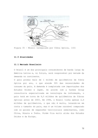 Figura 35 – Míssil teleguiado por fibra óptica. [10]



11.0 Atualidades


11.1 Mercado Brasileiro

O Brasil é um dos principais consumidores de banda larga da
América Latina e, no futuro, será responsável por metade da
demanda no continente.
O país produz mais de 1 milhão de quilômetros de fibra
óptica    por   ano,       o    que     atende   50%   das   necessidades    de
consumo do país. A demanda é completada com importações dos
Estados    Unidos      e       Japão.    De   acordo   com   a   Yankee   Group
consultoria especializada em tecnologia da informação, o
país terá em torno de 9,5 milhões de quilômetros de fibras
ópticas antes de 2003. Em 1998, o Brasil tinha apenas 2,4
milhões de quilômetros, o que não é muito, levando-se em
conta o tamanho do país, mas é um volume razoável comparado
com os países de expansões territoriais semelhantes, como
China, Rússia e Índia. Porém fica muito atrás dos Estados
Unidos e da Europa.




                                                                             75
 