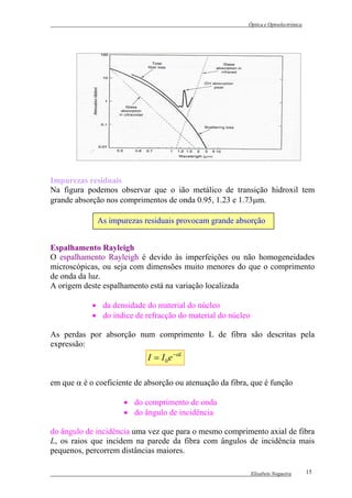 Óptica e Optoelectrónica




Impurezas residuais
Na figura podemos observar que o ião metálico de transição hidroxil tem
grande absorção nos comprimentos de onda 0.95, 1.23 e 1.73µm.

             As impurezas residuais provocam grande absorção


Espalhamento Rayleigh
O espalhamento Rayleigh é devido às imperfeições ou não homogeneidades
microscópicas, ou seja com dimensões muito menores do que o comprimento
de onda da luz.
A origem deste espalhamento está na variação localizada

            • da densidade do material do núcleo
            • do índice de refracção do material do núcleo

As perdas por absorção num comprimento L de fibra são descritas pela
expressão:
                            I = I 0 e −αL

em que α é o coeficiente de absorção ou atenuação da fibra, que é função

                     • do comprimento de onda
                     • do ângulo de incidência

do ângulo de incidência uma vez que para o mesmo comprimento axial de fibra
L, os raios que incidem na parede da fibra com ângulos de incidência mais
pequenos, percorrem distâncias maiores.

                                                             Elisabete Nogueira      15
 