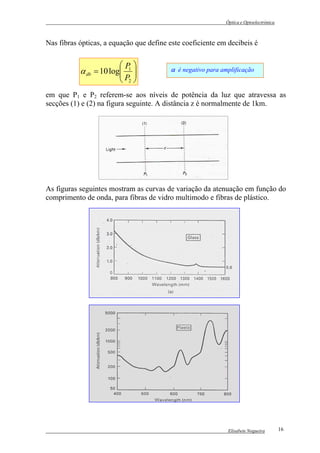 Óptica e Optoelectrónica



Nas fibras ópticas, a equação que define este coeficiente em decibeis é


                        P
           α db = 10 log
                        
                          1
                                        α é negativo para amplificação
                         P2 
                         
em que P1 e P2 referem-se aos níveis de potência da luz que atravessa as
secções (1) e (2) na figura seguinte. A distância z é normalmente de 1km.




As figuras seguintes mostram as curvas de variação da atenuação em função do
comprimento de onda, para fibras de vidro multimodo e fibras de plástico.




                                                             Elisabete Nogueira        16
 