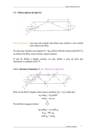 Óptica e Optoelectrónica



1.3 - Fibras ópticas do tipo S.I.




Raio Meridional - raio que está contido num plano que contém o eixo central
                  (eixo óptico) da fibra.

Os raios que incidem com ângulos θ < θm sofrem reflexão interna total (R.I.T.)
no interior da fibra, como mostra a figura anterior.

O raio B, define o ângulo externo, ou seja, define o cone de raios que
satisfazem a condição de R.I.T.


1.3.1- Abertura Numérica (N. A. - Numerical Aberture)




Pela Lei de Snell o ângulo crítico para a interface (n2 < n1) é dado por:
                             n1.senϕc = n2.sen90º
                                 senϕc = n2/ n1

Na interface (n0 n1) temos:

                             n0.senθm = n1.senθ’m
                                 θ’m = 90º- ϕc
                                senθ’m = cosϕc



                                                              Elisabete Nogueira        7
 