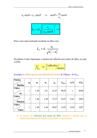 Óptica e Optoelectrónica



                                                           n0
         n0 . sen θ = n f . sen θ '     ⇒      sen θ ' =      sen θ
                                                           nf


                                                    2
                                nf               
                      LS = d . 
                                n . sen θ         −1
                                                  
                                0                

Para o raio mais inclinado incidente na fibra vem

                                               nC
                               LS = d .
                                              n 2 − nC
                                                f
                                                     2



Na prática é mais importante o número de reflexões por metro de fibra, ou seja,
a razão
                           1          ⇒ reflexões      
                               LS       
                                                  metro
                                                        

Exemplo de fibras ópticas com diâmetro do núcleo φ=100µm e θi=θmax

Núcleo
                 n0         nf          nc          ϕc        θmax      A.N.           1/LS
   Bainha
Vidro
                  1       1.50          1.0      41.8º       90.0º         1          8944
     Ar
Vidro
                  1       1.46         1.40      73.5º       24.5º      0.41          2962
  Plástico
Vidro
                  1       1.48         1.46      80.6º       14.0º      0.24          1657
    Vidro

   • O número de reflexões por metro de fibra, diminui à medida que os
     índices de refracção do núcleo e da bainha se aproximam.




                                                                       Elisabete Nogueira        9
 