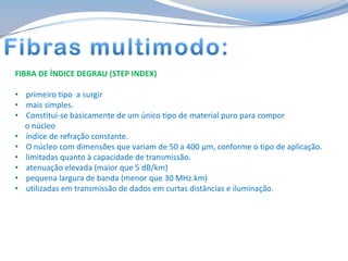 FIBRA DE ÍNDICE DEGRAU (STEP INDEX)
• primeiro tipo a surgir
• mais simples.
• Constitui-se basicamente de um único tipo de material puro para compor
o núcleo
• índice de refração constante.
• O núcleo com dimensões que variam de 50 a 400 μm, conforme o tipo de aplicação.
• limitadas quanto à capacidade de transmissão.
• atenuação elevada (maior que 5 dB/km)
• pequena largura de banda (menor que 30 MHz.km)
• utilizadas em transmissão de dados em curtas distâncias e iluminação.

 