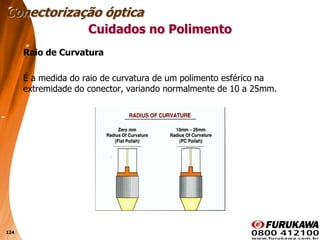 124
Raio de Curvatura
É a medida do raio de curvatura de um polimento esférico na
extremidade do conector, variando normalmente de 10 a 25mm.
Conectorização óptica
Cuidados no Polimento
 