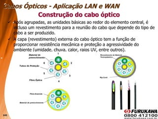 142
 Após agrupadas, as unidades básicas ao redor do elemento central, é
incluso um revestimento para a reunião do cabo que depende do tipo de
cabo a ser produzido.
 A capa (revestimento) externa do cabo óptico tem a função de
proporcionar resistência mecânica e proteção a agressividade do
ambiente (umidade, chuva, calor, raios UV, entre outros).
Construção do cabo óptico
Cabos Ópticos - Aplicação LAN e WAN
 