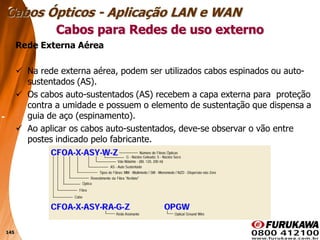 145
Rede Externa Aérea
 Na rede externa aérea, podem ser utilizados cabos espinados ou auto-
sustentados (AS).
 Os cabos auto-sustentados (AS) recebem a capa externa para proteção
contra a umidade e possuem o elemento de sustentação que dispensa a
guia de aço (espinamento).
 Ao aplicar os cabos auto-sustentados, deve-se observar o vão entre
postes indicado pelo fabricante.
Cabos para Redes de uso externo
Cabos Ópticos - Aplicação LAN e WAN
 