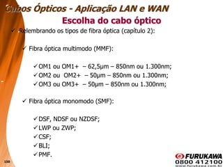 150
 Relembrando os tipos de fibra óptica (capítulo 2):
 Fibra óptica multimodo (MMF):
OM1 ou OM1+ – 62,5μm – 850nm ou 1.300nm;
OM2 ou OM2+ – 50μm – 850nm ou 1.300nm;
OM3 ou OM3+ – 50μm – 850nm ou 1.300nm;
 Fibra óptica monomodo (SMF):
DSF, NDSF ou NZDSF;
LWP ou ZWP;
CSF;
BLI;
PMF.
Escolha do cabo óptico
Cabos Ópticos - Aplicação LAN e WAN
 