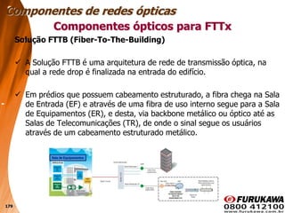 179
Solução FTTB (Fiber-To-The-Building)
 A Solução FTTB é uma arquitetura de rede de transmissão óptica, na
qual a rede drop é finalizada na entrada do edifício.
 Em prédios que possuem cabeamento estruturado, a fibra chega na Sala
de Entrada (EF) e através de uma fibra de uso interno segue para a Sala
de Equipamentos (ER), e desta, via backbone metálico ou óptico até as
Salas de Telecomunicações (TR), de onde o sinal segue os usuários
através de um cabeamento estruturado metálico.
Componentes ópticos para FTTx
Componentes de redes ópticas
 