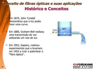 19
 Em 1870, John Tyndall
demonstrou que a luz podia
fazer uma curva.
 Em 1880, Graham Bell realizou
uma transmissão de voz
utilizando um raio de luz.
 Em 1952, Kapany, realizou
experimentos que o levariam,
em 1955 a criar e patentear a
“fibra óptica”.
Histórico e Conceitos
Conceito de fibras ópticas e suas aplicações
 