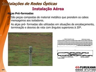 219
Alças Pré-formadas
 São peças compostas de material metálico que prendem os cabos
mensageiros aos isoladores.
 As alças pré- formadas são utilizadas em situações de encabeçamento,
terminação e desvios de rota com ângulos superiores à 20º.
Instalação Aérea
Instalações de Redes Ópticas
 
