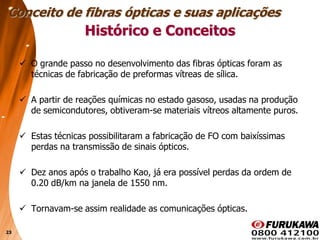23
 O grande passo no desenvolvimento das fibras ópticas foram as
técnicas de fabricação de preformas vítreas de sílica.
 A partir de reações químicas no estado gasoso, usadas na produção
de semicondutores, obtiveram-se materiais vítreos altamente puros.
 Estas técnicas possibilitaram a fabricação de FO com baixíssimas
perdas na transmissão de sinais ópticos.
 Dez anos após o trabalho Kao, já era possível perdas da ordem de
0.20 dB/km na janela de 1550 nm.
 Tornavam-se assim realidade as comunicações ópticas.
Histórico e Conceitos
Conceito de fibras ópticas e suas aplicações
 