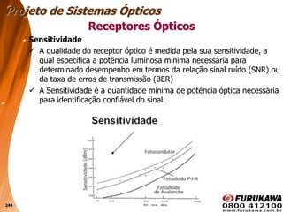 244
Sensitividade
 A qualidade do receptor óptico é medida pela sua sensitividade, a
qual especifica a potência luminosa mínima necessária para
determinado desempenho em termos da relação sinal ruído (SNR) ou
da taxa de erros de transmissão (BER)
 A Sensitividade é a quantidade mínima de potência óptica necessária
para identificação confiável do sinal.
Receptores Ópticos
Projeto de Sistemas Ópticos
 