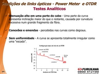 275
 Atenuação alta em uma parte do cabo - Uma parte da curva
apresenta inclinação maior do que o restante, causada por curvatura
excessiva num grande fragmento da fibra.
 Conexões e emendas - percebidas nas curvas como degraus.
 Sem uniformidade - A curva se apresenta totalmente irregular como
uma “escada”.
Testes Analíticos
Medições de links ópticos - Power Meter e OTDR
 
