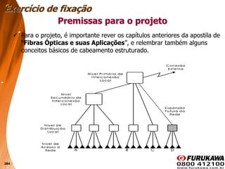 284
 Para o projeto, é importante rever os capítulos anteriores da apostila de
“Fibras Ópticas e suas Aplicações”, e relembrar também alguns
conceitos básicos de cabeamento estruturado.
Premissas para o projeto
Exercício de fixação
 