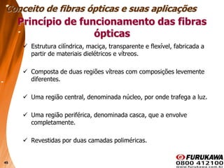 45
 Estrutura cilíndrica, maciça, transparente e flexível, fabricada a
partir de materiais dielétricos e vítreos.
 Composta de duas regiões vítreas com composições levemente
diferentes.
 Uma região central, denominada núcleo, por onde trafega a luz.
 Uma região periférica, denominada casca, que a envolve
completamente.
 Revestidas por duas camadas poliméricas.
Conceito de fibras ópticas e suas aplicações
Princípio de funcionamento das fibras
ópticas
 
