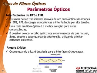 52
Interferências de RFI e EMI
 Os sinais de luz transmitidos através de um cabo óptico são imunes
a EMI, RFI, descargas atmosféricas e interferência por alta tensão.
 Uma rede em fibra óptica é a melhor solução para estas
circunstâncias.
 É possível colocar o cabo óptico nos encanamentos de gás natural,
água, esgoto e cabo guarda de alta tensão, utilizando a infra-
estrutura existente.
Ângulo Crítico
 Ocorre quando a luz é desviada para a interface núcleo-casca.
Tipos de Fibras Ópticas
Parâmetros Ópticos
 