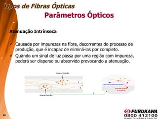 56
Atenuação Intrínseca
 Causada por impurezas na fibra, decorrentes do processo de
produção, que é incapaz de eliminá-las por completo.
 Quando um sinal de luz passa por uma região com impureza,
poderá ser disperso ou absorvido provocando a atenuação.
Tipos de Fibras Ópticas
Parâmetros Ópticos
 