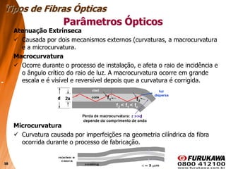 58
Atenuação Extrínseca
 Causada por dois mecanismos externos (curvaturas, a macrocurvatura
e a microcurvatura.
Macrocurvatura
 Ocorre durante o processo de instalação, e afeta o raio de incidência e
o ângulo crítico do raio de luz. A macrocurvatura ocorre em grande
escala e é visível e reversível depois que a curvatura é corrigida.
Tipos de Fibras Ópticas
Parâmetros Ópticos
Microcurvatura
 Curvatura causada por imperfeições na geometria cilíndrica da fibra
ocorrida durante o processo de fabricação.
 