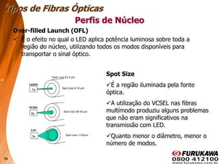 71
Over-filled Launch (OFL)
 É o efeito no qual o LED aplica potência luminosa sobre toda a
região do núcleo, utilizando todos os modos disponíveis para
transportar o sinal óptico.
Tipos de Fibras Ópticas
Perfis de Núcleo
Spot Size
É a região iluminada pela fonte
óptica.
A utilização do VCSEL nas fibras
multímodo produziu alguns problemas
que não eram significativos na
transmissão com LED.
Quanto menor o diâmetro, menor o
número de modos.
 
