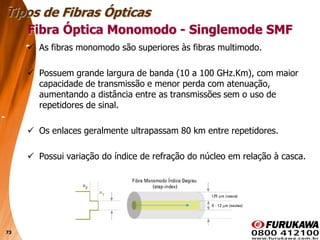 73
 As fibras monomodo são superiores às fibras multimodo.
 Possuem grande largura de banda (10 a 100 GHz.Km), com maior
capacidade de transmissão e menor perda com atenuação,
aumentando a distância entre as transmissões sem o uso de
repetidores de sinal.
 Os enlaces geralmente ultrapassam 80 km entre repetidores.
 Possui variação do índice de refração do núcleo em relação à casca.
Tipos de Fibras Ópticas
Fibra Óptica Monomodo - Singlemode SMF
 