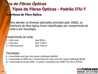 92
Interfaces de Fibra Óptica
 Para atender as diversas aplicações previstas pelo 10GbE, as
interfaces de fibra óptica foram classificadas por comprimento de
onda e por tecnologia.
Comprimento de onda:
S = short wave laser 850nm
L = long wave laser 1310nm
E = extra long wave laser 1550 nm
Tecnologia:
R = transmissão serial para LAN usando codificação 64B/66B;
X = transmissão em WDM com 4 comprimentos de onda, para LAN usando codificação 8B10B;
W = transmissão serial para WAN – o quadro é compatível com SONET OC-192c e STM-64.
Tipos de Fibras Ópticas
Tipos de Fibras Ópticas - Padrão ITU-T
 