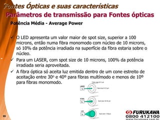 99
Potência Média - Average Power
 O LED apresenta um valor maior de spot size, superior a 100
microns, então numa fibra monomodo com núcleo de 10 microns,
só 10% da potência irradiada na superfície da fibra estaria sobre o
núcleo.
 Para um LASER, com spot size de 10 microns, 100% da potência
irradiada seria aproveitada.
 A fibra óptica só aceita luz emitida dentro de um cone estreito de
aceitação entre 30o e 40º para fibras multímodo e menos de 10º
para fibras monomodo.
Parâmetros de transmissão para Fontes ópticas
Fontes Ópticas e suas características
 