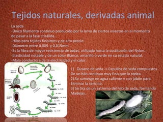 Tejidos naturales, derivadas animal La seda -Único filamento continuo producido por la larva de ciertos insectos en el momento de pasar a la fase crisálida. -Hilos para tejidos finísimos y de alto precio. -Diámetro entre 0,005  y 0,015mm´. -Es la fibra de mayor resistencia de todas, utilizada hasta la sustitución del Nylon. -Elasticidad notable y de un color Blanco, amarillo o verde en su estado natural. -Mala conductora de la electricidad y el calor. Gusano de seda -> Capullos de seda compuestos De un hilo continuo muy fino que lo rodea. 2) Se sumerge en agua caliente y con jabón para  Eliminar la sericina. 3) Se tira de un extremo del hilo de seda, formando Madejas. 