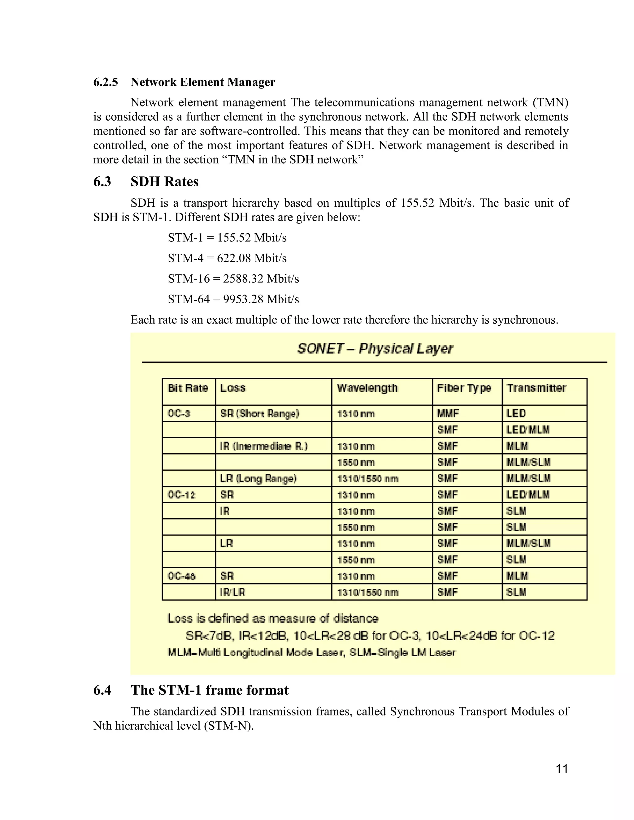 11 
6.2.5 Network Element Manager 
Network element management The telecommunications management network (TMN) 
is considered as a further element in the synchronous network. All the SDH network elements 
mentioned so far are software-controlled. This means that they can be monitored and remotely 
controlled, one of the most important features of SDH. Network management is described in 
more detail in the section “TMN in the SDH network” 
6.3 SDH Rates 
SDH is a transport hierarchy based on multiples of 155.52 Mbit/s. The basic unit of 
SDH is STM-1. Different SDH rates are given below: 
STM-1 = 155.52 Mbit/s 
STM-4 = 622.08 Mbit/s 
STM-16 = 2588.32 Mbit/s 
STM-64 = 9953.28 Mbit/s 
Each rate is an exact multiple of the lower rate therefore the hierarchy is synchronous. 
6.4 The STM-1 frame format 
The standardized SDH transmission frames, called Synchronous Transport Modules of 
Nth hierarchical level (STM-N). 
 