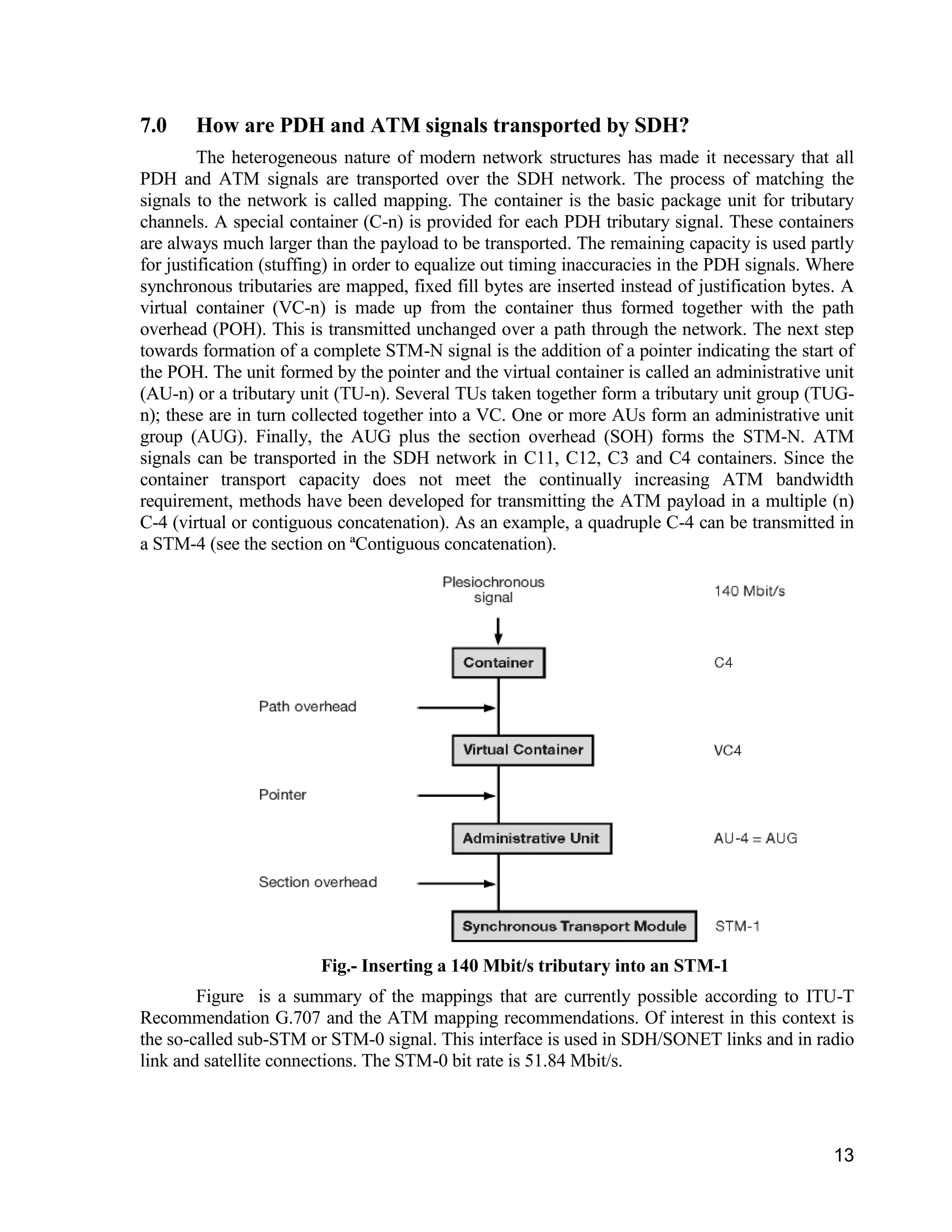 13 
7.0 How are PDH and ATM signals transported by SDH? 
The heterogeneous nature of modern network structures has made it necessary that all 
PDH and ATM signals are transported over the SDH network. The process of matching the 
signals to the network is called mapping. The container is the basic package unit for tributary 
channels. A special container (C-n) is provided for each PDH tributary signal. These containers 
are always much larger than the payload to be transported. The remaining capacity is used partly 
for justification (stuffing) in order to equalize out timing inaccuracies in the PDH signals. Where 
synchronous tributaries are mapped, fixed fill bytes are inserted instead of justification bytes. A 
virtual container (VC-n) is made up from the container thus formed together with the path 
overhead (POH). This is transmitted unchanged over a path through the network. The next step 
towards formation of a complete STM-N signal is the addition of a pointer indicating the start of 
the POH. The unit formed by the pointer and the virtual container is called an administrative unit 
(AU-n) or a tributary unit (TU-n). Several TUs taken together form a tributary unit group (TUG-n); 
these are in turn collected together into a VC. One or more AUs form an administrative unit 
group (AUG). Finally, the AUG plus the section overhead (SOH) forms the STM-N. ATM 
signals can be transported in the SDH network in C11, C12, C3 and C4 containers. Since the 
container transport capacity does not meet the continually increasing ATM bandwidth 
requirement, methods have been developed for transmitting the ATM payload in a multiple (n) 
C-4 (virtual or contiguous concatenation). As an example, a quadruple C-4 can be transmitted in 
a STM-4 (see the section on ªContiguous concatenation). 
Fig.- Inserting a 140 Mbit/s tributary into an STM-1 
Figure is a summary of the mappings that are currently possible according to ITU-T 
Recommendation G.707 and the ATM mapping recommendations. Of interest in this context is 
the so-called sub-STM or STM-0 signal. This interface is used in SDH/SONET links and in radio 
link and satellite connections. The STM-0 bit rate is 51.84 Mbit/s. 
 