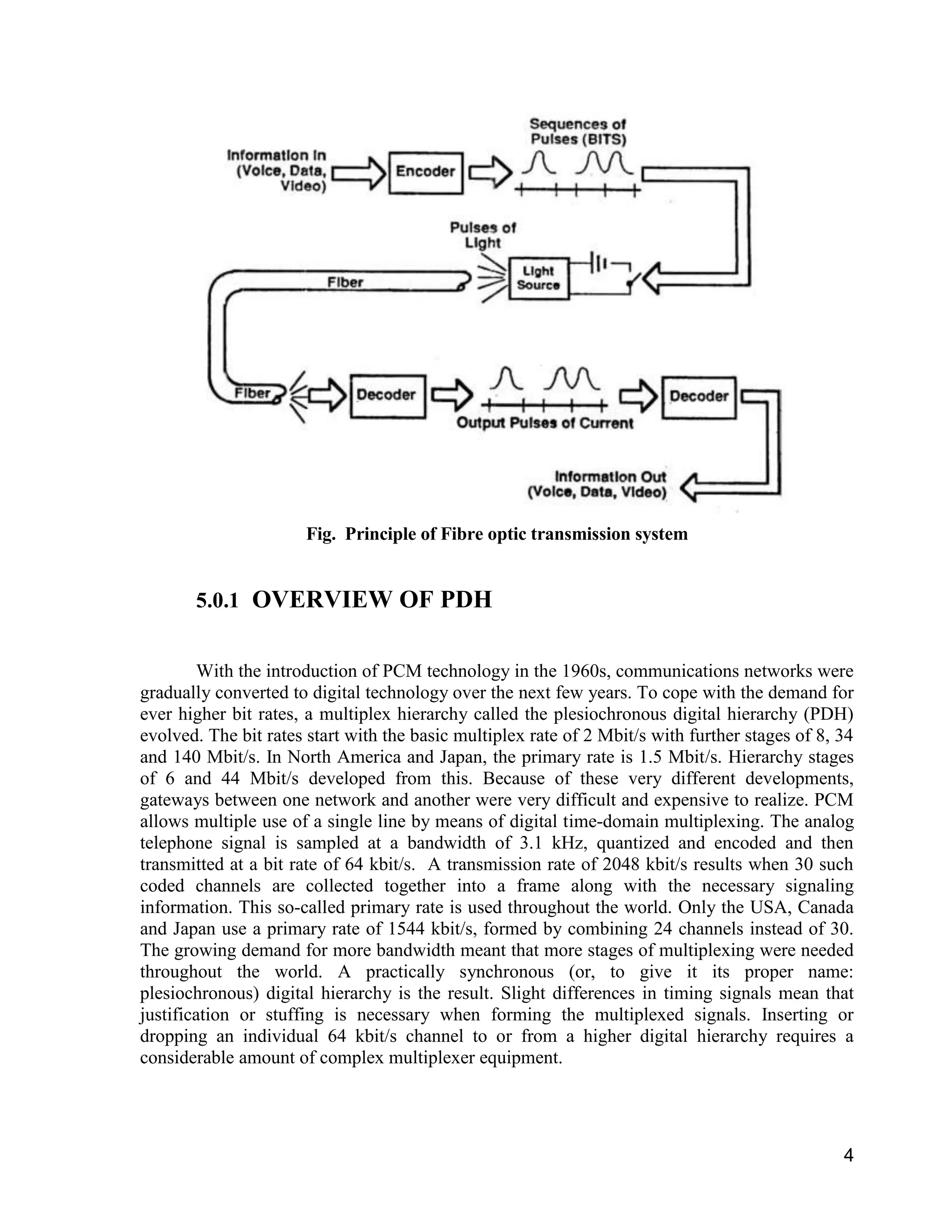 4 
Fig. Principle of Fibre optic transmission system 
5.0.1 OVERVIEW OF PDH 
With the introduction of PCM technology in the 1960s, communications networks were 
gradually converted to digital technology over the next few years. To cope with the demand for 
ever higher bit rates, a multiplex hierarchy called the plesiochronous digital hierarchy (PDH) 
evolved. The bit rates start with the basic multiplex rate of 2 Mbit/s with further stages of 8, 34 
and 140 Mbit/s. In North America and Japan, the primary rate is 1.5 Mbit/s. Hierarchy stages 
of 6 and 44 Mbit/s developed from this. Because of these very different developments, 
gateways between one network and another were very difficult and expensive to realize. PCM 
allows multiple use of a single line by means of digital time-domain multiplexing. The analog 
telephone signal is sampled at a bandwidth of 3.1 kHz, quantized and encoded and then 
transmitted at a bit rate of 64 kbit/s. A transmission rate of 2048 kbit/s results when 30 such 
coded channels are collected together into a frame along with the necessary signaling 
information. This so-called primary rate is used throughout the world. Only the USA, Canada 
and Japan use a primary rate of 1544 kbit/s, formed by combining 24 channels instead of 30. 
The growing demand for more bandwidth meant that more stages of multiplexing were needed 
throughout the world. A practically synchronous (or, to give it its proper name: 
plesiochronous) digital hierarchy is the result. Slight differences in timing signals mean that 
justification or stuffing is necessary when forming the multiplexed signals. Inserting or 
dropping an individual 64 kbit/s channel to or from a higher digital hierarchy requires a 
considerable amount of complex multiplexer equipment. 
 