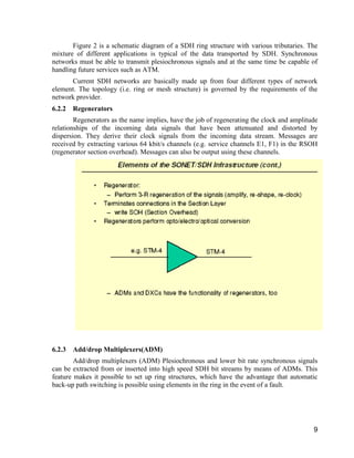 Figure 2 is a schematic diagram of a SDH ring structure with various tributaries. The 
mixture of different applications is typical of the data transported by SDH. Synchronous 
networks must be able to transmit plesiochronous signals and at the same time be capable of 
handling future services such as ATM. 
Current SDH networks are basically made up from four different types of network 
element. The topology (i.e. ring or mesh structure) is governed by the requirements of the 
network provider. 
6.2.2 Regenerators 
Regenerators as the name implies, have the job of regenerating the clock and amplitude 
relationships of the incoming data signals that have been attenuated and distorted by 
dispersion. They derive their clock signals from the incoming data stream. Messages are 
received by extracting various 64 kbit/s channels (e.g. service channels E1, F1) in the RSOH 
(regenerator section overhead). Messages can also be output using these channels. 
9 
6.2.3 Add/drop Multiplexers(ADM) 
Add/drop multiplexers (ADM) Plesiochronous and lower bit rate synchronous signals 
can be extracted from or inserted into high speed SDH bit streams by means of ADMs. This 
feature makes it possible to set up ring structures, which have the advantage that automatic 
back-up path switching is possible using elements in the ring in the event of a fault. 
 