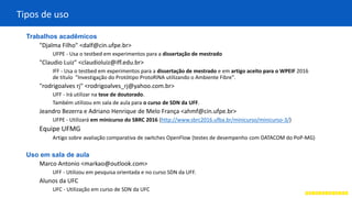 Tipos de uso
Trabalhos acadêmicos
"Djalma Filho" <dalf@cin.ufpe.br>
UFPE - Usa o testbed em experimentos para a dissertação de mestrado
"Claudio Luiz" <claudioluiz@iff.edu.br>
IFF - Usa o testbed em experimentos para a dissertação de mestrado e em artigo aceito para o WPEIF 2016
de título "Investigação do Protótipo ProtoRINA utilizando o Ambiente Fibre".
"rodrigoalves rj" <rodrigoalves_rj@yahoo.com.br>
UFF - Irá utilizar na tese de doutorado.
Também utilizou em sala de aula para o curso de SDN da UFF.
Jeandro Bezerra e Adriano Henrique de Melo França <ahmf@cin.ufpe.br>
UFPE - Utilizará em minicurso do SBRC 2016 (http://www.sbrc2016.ufba.br/minicurso/minicurso-3/)
Equipe UFMG
Artigo sobre avaliação comparativa de switches OpenFlow (testes de desempenho com DATACOM do PoP-MG)
Uso em sala de aula
Marco Antonio <markao@outlook.com>
UFF - Utilizou em pesquisa orientada e no curso SDN da UFF.
Alunos da UFC
UFC - Utilização em curso de SDN da UFC
 