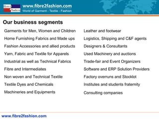 Garments for Men, Women and Children
Home Furnishing Fabrics and Made ups
Fashion Accessories and allied products
Yarn, Fabric and Textile for Apparels
Industrial as well as Technical Fabrics
Fibre and Intermediates
Non woven and Technical Textile
Textile Dyes and Chemicals
Machineries and Equipments
Leather and footwear
Logistics, Shipping and C&F agents
Designers & Consultants
Used Machinery and auctions
Trade-fair and Event Organizers
Software and ERP Solution Providers
Factory overruns and Stocklot
Institutes and students fraternity
Consulting companies
www.fibre2fashion.com
Our business segments
 