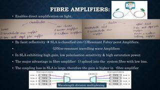 FIBRE AMPLIFIERS:
• Enables direct amplification on light.
• By facet reflectivity  SLA is classified into (1)Resonant Fabry-perot Amplifiers.
• (2)Non-resonant travelling wave Amplifiers
• In SLA exhibiting high gain, low polarisation sensitivity & high saturation power.
• The major advantage in fibre amplifier: 1) spliced into the system fibre with low loss.
• The coupling loss in SLA is large, therefore the gain is higher in -fibre amplifier
Wavelength division multiplexing
 
