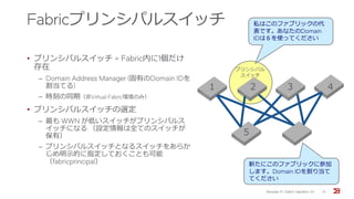 Fabricプリンシパルスイッチ
• プリンシパルスイッチ = Fabric内に1個だけ
存在
‒ Domain Address Manager (固有のDomain IDを
割当てる)
‒ 時刻の同期（非Virtual Fabric環境のみ）
• プリンシパルスイッチの選定
‒ 最も WWN が低いスイッチがプリンシパルス
イッチになる （設定情報は全てのスイッチが
保有）
‒ プリンシパルスイッチとなるスイッチをあらか
じめ明示的に指定しておくことも可能
（fabricprincipal）
Brocade FC Switch Operation 1/2 10
プリンシパル
スイッチ
私はこのファブリックの代
表です。あなたのDomain
IDは６を使ってください
新たにこのファブリックに参加
します。Domain IDを割り当て
てください
１ ２ ３ ４
５
 
