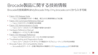 Brocade製品に関する技術情報
Brocadeの技術資料はMyBrocade (http://my.brocade.com/)から入手可能
• Fabric OS Release Note
‒ Fabric OSの新機能やサポート構成、修正された障害情報などを記載
• Fabric OS Command Reference Manual
‒ Fabric OSのコマンドの使用方法を解説
• Fabric OS Admininstrator’s Guide
‒ Fabric OSベースのスイッチの機能や管理方法を紹介
• Hardware Reference Manual
‒ 各製品のハードウエアに関する情報
• Fabric OS Message Reference
‒ Fabric OSで出力されるメッセージとその対処方法を紹介
• Troubleshooting and Diagnostics Guide
‒ Fabric OSベースのスイッチ/ダイレクタ製品のトラブルシューティングの手法を解説
• Brocade Fabric OS Compatibility Matrix
‒ Brocadeおよびパートナー企業が検証済みの機器をリスト(www.brocade.comから取得可能)
Brocade FC Switch Operation 1/2 15
 