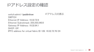 IPアドレス設定の確認
Brocade FC Switch Operation 1/2 22
switch:admin> ipaddrshow
SWITCH
Ethernet IP Address: 10.32.72.9
Ethernet Subnetmask: 255.255.240.0
Gateway IP Address: 10.32.64.1
DHCP: Off
IPFC address for virtual fabric ID 128: 10.32.72.70/24
IPアドレスの表示
 