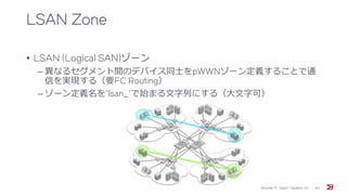 LSAN Zone
• LSAN (Logical SAN)ゾーン
‒ 異なるセグメント間のデバイス同士をpWWNゾーン定義することで通
信を実現する（要FC Routing）
‒ ゾーン定義名を”lsan_”で始まる文字列にする（大文字可）
Brocade FC Switch Operation 1/2 69
 