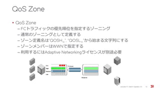 QoS Zone
• QoS Zone
‒ FCトラフィックの優先順位を指定するゾーニング
‒ 通常のゾーニングとして定義する
‒ ゾーン定義名は”QOSH_”, “QOSL_”から始まる文字列にする
‒ ゾーンメンバーはWWNで指定する
‒ 利用するにはAdaptive Networkingライセンスが別途必要
Brocade FC Switch Operation 1/2 72
 