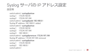 Syslog サーバの IP アドレス設定
設定例
Brocade FC Switch Operation 2/2 15
switch:admin> syslogdipshow
syslog.1 172.24.182.54
syslog.2 172.24.197.184
switch:admin> syslogdipadd 192.168.0.1
Syslog IP address 192.168.0.1 added
switch:admin> syslogdipshow
syslog.1 172.24.182.54
syslog.2 172.24.197.184
syslog.3 192.168.0.1
switch:admin> syslogdipremove 172.24.197.184
Syslog IP address 172.24.197.184 removed
switch:admin> syslogdipshow
syslog.1 172.24.182.54
syslog.2 192.168.0.1
switch:admin>
 