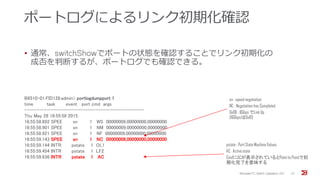 ポートログによるリンク初期化確認
• 通常、switchShowでポートの状態を確認することでリンク初期化の
成否を判断するが、ポートログでも確認できる。
Brocade FC Switch Operation 2/2 27
B6510-01:FID128:admin> portlogdumpport 1
time task event port cmd args
-------------------------------------------------
Thu May 28 16:55:58 2015
16:55:58.892 SPEE sn 1 WS 00000009,00000000,00000000
16:55:58.901 SPEE sn 1 NM 00000009,00000000,00000000
16:55:58.921 SPEE sn 1 NF 00000009,00000000,00000000
16:55:59.143 SPEE sn 1 NC 00000008,00000000,00000000
16:55:59.144 INTR pstate 1 OL1
16:55:59.454 INTR pstate 1 LF2
16:55:59.636 INTR pstate 1 AC
sn : speed negotiation
NC : Negotiation has Completed
0x08 : 8Gbps でLink Up
(16Gbpsは0x10)
pstate : PortState MachineValues
AC : Active state
CmdにACが表示されているとPointto Pointで初
期化完了を意味する
 