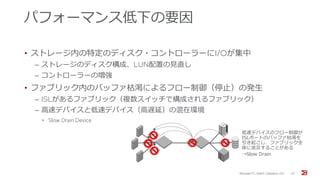 パフォーマンス低下の要因
• ストレージ内の特定のディスク・コントローラーにI/Oが集中
‒ ストレージのディスク構成、LUN配置の見直し
‒ コントローラーの増強
• ファブリック内のバッファ枯渇によるフロー制御（停止）の発生
‒ ISLがあるファブリック（複数スイッチで構成されるファブリック）
‒ 高速デバイスと低速デバイス（高遅延）の混在環境
• Slow Drain Device
Brocade FC Switch Operation 2/2 37
STOPSTOP
STOP
STOP
STOP
低速デバイスのフロー制御が
ISLポートのバッファ枯渇を
引き起こし、ファブリック全
体に波及することがある
→Slow Drain
 