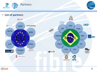 Partners


• List of partners


             i2CAT                             UFPA
                                  USP                       CPqD
    NICTA
                     NXW


            EU
                            UNIFACS                                RNP
                                        BRAZIL
     UTH             UPMC     UFSCar                           UFF


                                        UFRJ          UFG
            UESSEX




                                                                         6
 