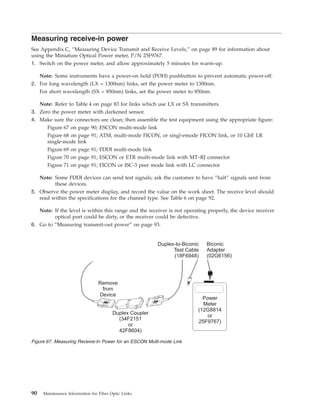 Measuring receive-in power
See Appendix C, “Measuring Device Transmit and Receive Levels,” on page 89 for information about
using the Miniature Optical Power meter, P/N 25F9767.
1. Switch on the power meter, and allow approximately 5 minutes for warm-up.
Note: Some instruments have a power-on hold (POH) pushbutton to prevent automatic power-off.
2. For long wavelength (LX = 1300nm) links, set the power meter to 1300nm.
For short wavelength (SX = 850nm) links, set the power meter to 850nm.
Note: Refer to Table 4 on page 83 for links which use LX or SX transmitters.
3. Zero the power meter with darkened sensor.
4. Make sure the connectors are clean; then assemble the test equipment using the appropriate figure:
Figure 67 on page 90; ESCON multi-mode link
Figure 68 on page 91; ATM, multi-mode FICON, or singl-emode FICON link, or 10 GbE LR
single-mode link
Figure 69 on page 91; FDDI multi-mode link
Figure 70 on page 91; ESCON or ETR multi-mode link with MT–RJ connector
Figure 71 on page 91; FICON or ISC-3 peer mode link with LC connector
Note: Some FDDI devices can send test signals; ask the customer to have “halt” signals sent from
these devices.
5. Observe the power meter display, and record the value on the work sheet. The receive level should
read within the specifications for the channel type. See Table 6 on page 92.
Note: If the level is within this range and the receiver is not operating properly, the device receiver
optical port could be dirty, or the receiver could be defective.
6. Go to “Measuring transmit-out power” on page 93.
Remove
from
Device
Duplex Coupler
(34F2151
or
42F8604)
Duplex-to-Biconic
Test Cable
(18F6948)
Biconic
Adapter
(02G6156)
Power
Meter
(12G8814
or
25F9767)
Figure 67. Measuring Receive-In Power for an ESCON Multi-mode Link
90 Maintenance Information for Fiber Optic Links
 