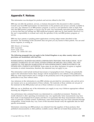 Appendix F. Notices
This information was developed for products and services offered in the USA
IBM may not offer the products, services, or features discussed in this document in other countries.
Consult your local IBM representative for information on the products and services currently available in
your area. Any reference to an IBM product, program, or service is not intended to state or imply that
only that IBM product, program, or service may be used. Any functionally equivalent product, program,
or service that does not infringe any IBM intellectual property right may be used instead. However, it is
the user’s responsibility to evaluate and verify the operation of any non-IBM product, program, or
service.
IBM may have patents or pending patent applications covering subject matter described in this
document. The furnishing of this document does not grant you any license to these patents. You can send
license inquiries, in writing, to:
IBM Director of Licensing
IBM Corporation
North Castle Drive
Armonk, NY 10504-1785 USA
The following paragraph does not apply to the United Kingdom or any other country where such
provisions are inconsistent with local law:
INTERNATIONAL BUSINESS MACHINES CORPORATION PROVIDES THIS PUBLICATION “AS IS”
WITHOUT WARRANTY OF ANY KIND, EITHER EXPRESS OR IMPLIED, INCLUDING, BUT NOT
LIMITED TO, THE IMPLIED WARRANTIES OF NON-INFRINGEMENT, MERCHANTABILITY OR
FITNESS FOR A PARTICULAR PURPOSE. Some states do not allow disclaimer of express or implied
warranties in certain transactions, therefore, this statement may not apply to you.
This information could include technical inaccuracies or typographical errors. Changes are periodically
made to the information herein; these changes will be incorporated in new editions of the publication.
IBM may make improvements and/or changes in the product(s) and/or the program(s) described in this
publication at any time without notice.
Any references in this information to non-IBM websites are provided for convenience only and do not in
any manner serve as an endorsement of those websites. The materials at those websites are not part of
the materials for this IBM product and use of those websites is at your own risk.
IBM may use or distribute any of the information you supply in any way it believes appropriate without
incurring any obligation to you.
Any performance data contained herein was determined in a controlled environment. Therefore, the
results obtained in other operating environments may vary significantly. Some measurements may have
been made on development-level systems and there is no guarantee that these measurements will be the
same on generally available systems. Furthermore, some measurements may have been estimated through
extrapolation. Actual results may vary. Users of this document should verify the applicable data for their
specific environment.
Information concerning non-IBM products was obtained from the suppliers of those products, their
published announcements or other publicly available sources. IBM has not tested those products and
© Copyright IBM Corp. 1990, 2011 133
 