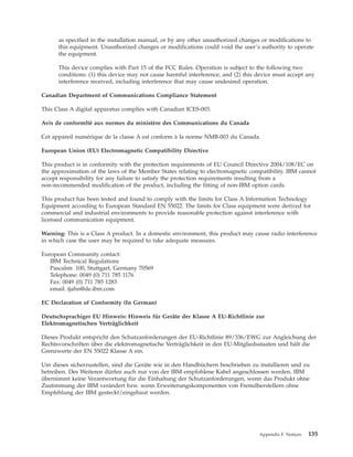 as specified in the installation manual, or by any other unauthorized changes or modifications to
this equipment. Unauthorized changes or modifications could void the user’s authority to operate
the equipment.
This device complies with Part 15 of the FCC Rules. Operation is subject to the following two
conditions: (1) this device may not cause harmful interference, and (2) this device must accept any
interference received, including interference that may cause undesired operation.
Canadian Department of Communications Compliance Statement
This Class A digital apparatus complies with Canadian ICES-003.
Avis de conformlté aux normes du ministère des Communications du Canada
Cet appareil numérique de la classe A est conform à la norme NMB-003 du Canada.
European Union (EU) Electromagnetic Compatibility Directive
This product is in conformity with the protection requirements of EU Council Directive 2004/108/EC on
the approximation of the laws of the Member States relating to electromagnetic compatibility. IBM cannot
accept responsibility for any failure to satisfy the protection requirements resulting from a
non-recommended modification of the product, including the fitting of non-IBM option cards.
This product has been tested and found to comply with the limits for Class A Information Technology
Equipment according to European Standard EN 55022. The limits for Class equipment were derived for
commercial and industrial environments to provide reasonable protection against interference with
licensed communication equipment.
Warning: This is a Class A product. In a domestic environment, this product may cause radio interference
in which case the user may be required to take adequate measures.
European Community contact:
IBM Technical Regulations
Pascalstr. 100, Stuttgart, Germany 70569
Telephone: 0049 (0) 711 785 1176
Fax: 0049 (0) 711 785 1283
email: tjahn@de.ibm.com
EC Declaration of Conformity (In German)
Deutschsprachiger EU Hinweis: Hinweis für Geräte der Klasse A EU-Richtlinie zur
Elektromagnetischen Verträglichkeit
Dieses Produkt entspricht den Schutzanforderungen der EU-Richtlinie 89/336/EWG zur Angleichung der
Rechtsvorschriften über die elektromagnetische Verträglichkeit in den EU-Mitgliedsstaaten und hält die
Grenzwerte der EN 55022 Klasse A ein.
Um dieses sicherzustellen, sind die Geräte wie in den Handbüchern beschrieben zu installieren und zu
betreiben. Des Weiteren dürfen auch nur von der IBM empfohlene Kabel angeschlossen werden. IBM
übernimmt keine Verantwortung für die Einhaltung der Schutzanforderungen, wenn das Produkt ohne
Zustimmung der IBM verändert bzw. wenn Erweiterungskomponenten von Fremdherstellern ohne
Empfehlung der IBM gesteckt/eingebaut werden.
Appendix F. Notices 135
 