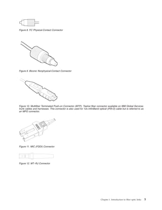 Figure 8. FC Physical-Contact Connector
Figure 9. Biconic Nonphysical-Contact Connector
Figure 10. Multifiber Terminated Push-on Connector (MTP). Twelve fiber connector available on IBM Global Services
trunk cables and harnesses. This connector is also used for 12x InfiniBand optical (IFB-O) cable but is referred to as
an MPO connector.
Figure 11. MIC (FDDI) Connector
Figure 12. MT–RJ Connector
Chapter 1. Introduction to fiber optic links 5
 