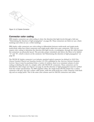 Connector color coding
IBM simplex connectors use color-coding to show the direction that light travels through a link (see
“Determining the direction of light propagation” on page 28). These connectors are black (or use a black
marking) and white (or use a white marking).
IBM duplex cable connectors use color-coding to differentiate between multi-mode and single-mode.
multi-mode cables have black connectors and single-mode cables have gray connectors. They do not
require color coding to determine the direction that light travels, or propagates, through the cable because
the connectors are physically keyed. This provides proper orientation and allows the fibers to be labeled
“A” and “B”, which is shown on the connector. See“Determining the direction of light propagation” on
page 28.
The FICON SC-duplex connector is an industry standard optical connector (as defined in ANSI Fiber
Channel Standard Physical and Signaling Interface (FC-PH), published by the American National Standards
Institute. Since it may be purchased from a variety of vendors, there is no consistent scheme of color
coding or labeling the ends of a simplex cable with FICON SC connectors. These connectors can be
identified by their shape (see Figure 7 on page 4) and the direction of light propagation must be verified
from the vendor specifications. For IBM supplied cables, the single-mode FICON jumper has a yellow
connector with grey clip and a yellow cable jacket, while the multi-mode has a blue connector with black
clip and an orange jacket. This is the same color scheme used for ESCON connectors and cables.
Figure 13. LC Duplex Connector
6 Maintenance Information for Fiber Optic Links
 