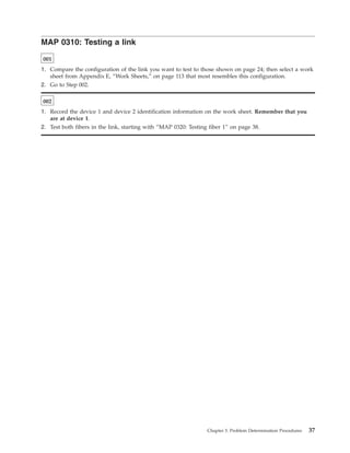 MAP 0310: Testing a link
001
1. Compare the configuration of the link you want to test to those shown on page 24; then select a work
sheet from Appendix E, “Work Sheets,” on page 113 that most resembles this configuration.
2. Go to Step 002.
002
1. Record the device 1 and device 2 identification information on the work sheet. Remember that you
are at device 1.
2. Test both fibers in the link, starting with “MAP 0320: Testing fiber 1” on page 38.
Chapter 3. Problem Determination Procedures 37
 