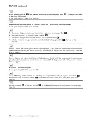 003
Is the meter reading at D2 less than the minimum acceptable receive level G2 ? (Example: -30.5 dBm
is less than -22.9 dBm.)
If yes, go to Step 007. If no, go to Step 004.
004
Does this configuration consist of 2 jumper cables and 1 distribution panel (no trunk)?
If yes, go to Step 006. If no, go to Step 005.
005
1. Disconnect the power meter and attached test equipment from jumper 2 at D2 .
2. Reconnect jumper 2 to the distribution panel at D2 .
3. Disconnect the optical source and attached test equipment from B2 .
4. Take the optical source, power meter, and all attached test equipment to C2 ; then go to step
Step 008.
006
Jumper 1 loss is not within specifications. Replace jumper 1, and verify the repair using the maintenance
procedures that directed you here if the devices are available. If the problem still exists, contact your next
level of support.
007
Jumper 2 loss is not within specifications. Replace jumper 2, and verify the repair using the maintenance
procedures that directed you here if the devices are available. If the problem still exists, contact your next
level of support.
008
Is jumper 1 duplex-to-duplex?
If yes, go to Step 010. If no, go to Step 009.
009
Go to “Obtaining reference levels and attaching test equipment to a link” on page 57, and obtain P3 .
Record this value in the area labeled Py in the Fiber 2 column on the work sheet; then go to step
Step 011.
010
Record the value P1 in the area labeled Py in the Fiber 2 column on the work sheet; then go to step
Step 011.
MAP 0350 (continued)
46 Maintenance Information for Fiber Optic Links
 